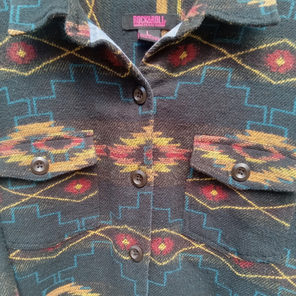 Rock & Roll Denim Colorful Aztec Patterned Button-Up Shirt Thick Cotton Large - Picture 4 of 9